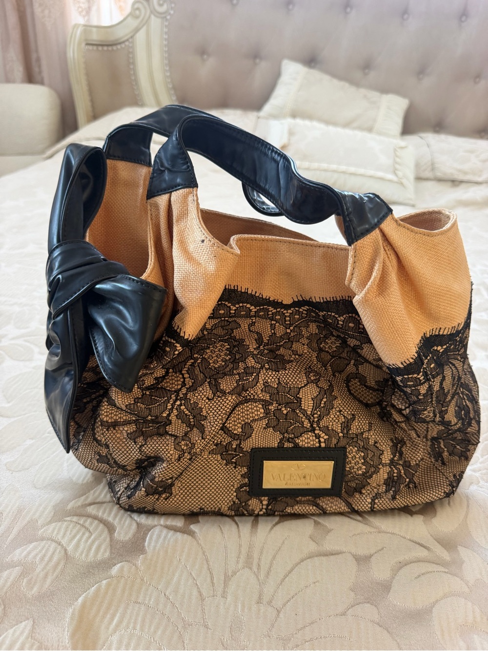 Valentino Beige and Black Lace Shoulder Bag with Bow Accent